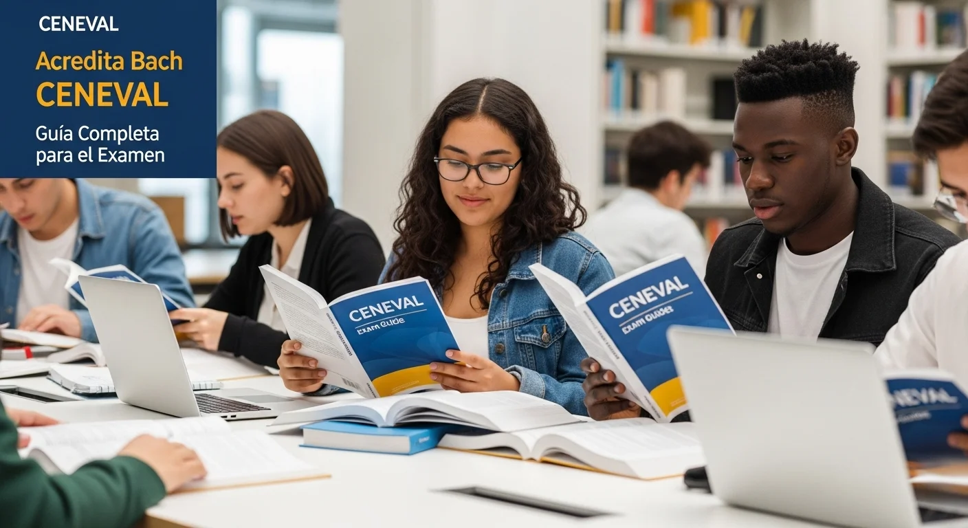 Estudiantes preparándose con guías para el examen CENEVAL de Acredita Bach.