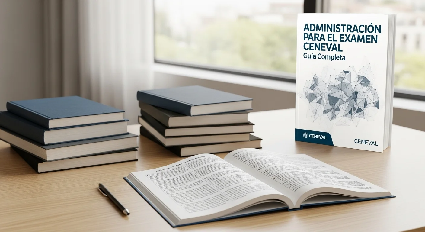 Pila de guías de estudio y libros sobre una mesa, preparados para el examen CENEVAL de Administracion Para.