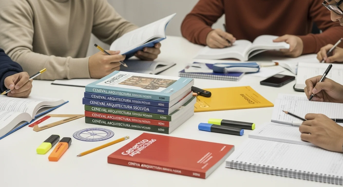 Pila de guías resueltas y materiales de estudio sobre una mesa, listos para preparar el Ceneval Arquitectura CENEVAL.