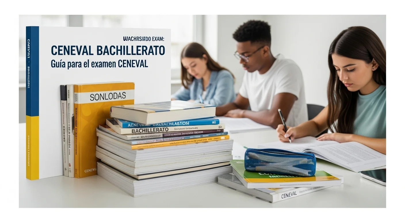 Pila de guías resueltas y materiales de estudio para el Ceneval Bachillerato Exam, destacando la preparación para CENEVAL.