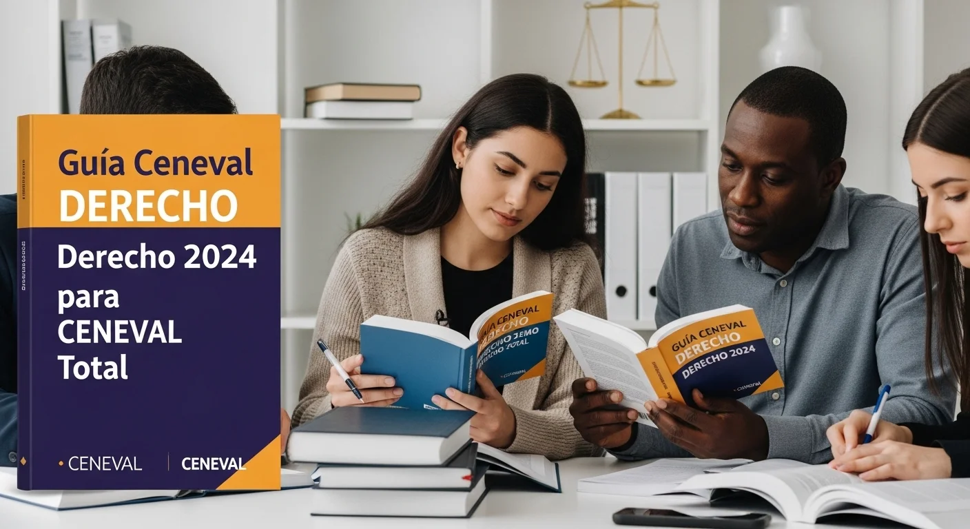 Estudiantes de derecho se preparan diligentemente para el examen CENEVAL Derecho 2024, consultando guías y libros.