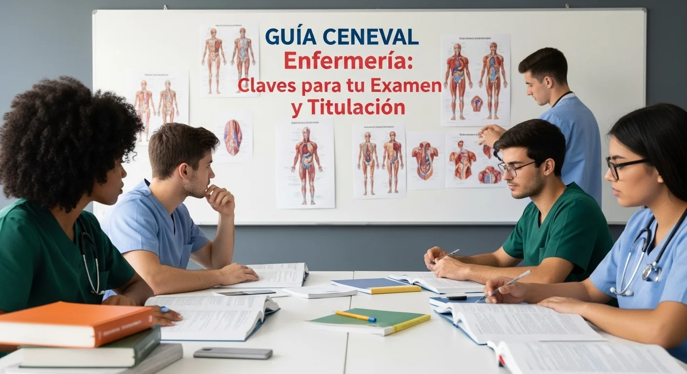 Estudiantes de enfermería preparándose para el examen CENEVAL de Enfermería frente a una pizarra con diagramas anatómicos.