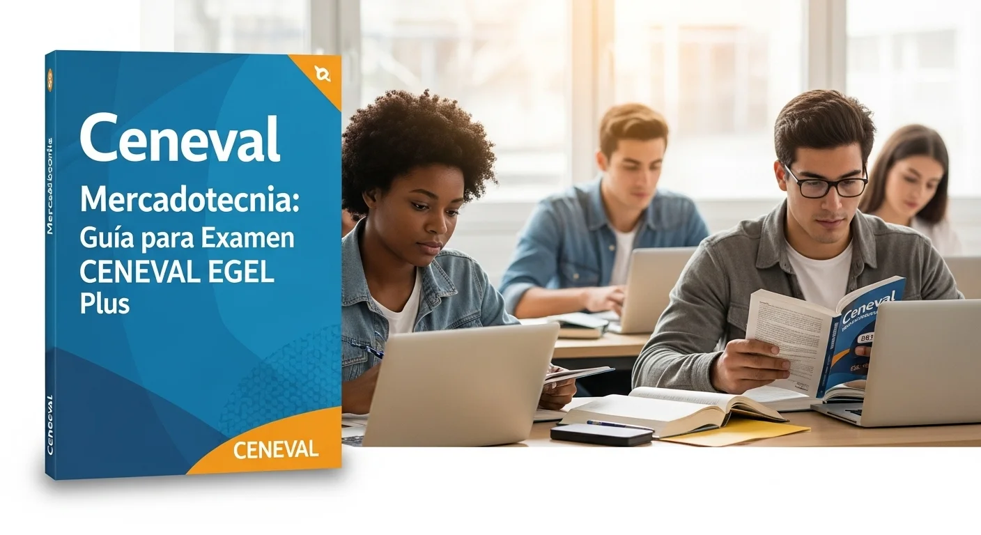 Estudiantes se preparan con libros y laptops para el examen CENEVAL de Ceneval Mercadotecnia.