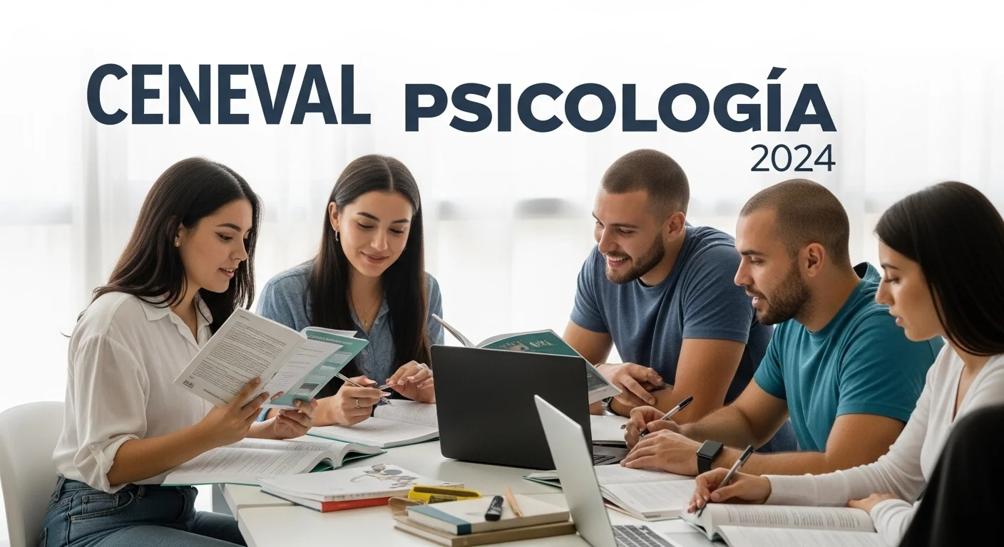 Estudiantes preparándose para el Ceneval Psicologia Exam, consultando guías de estudio del CENEVAL.