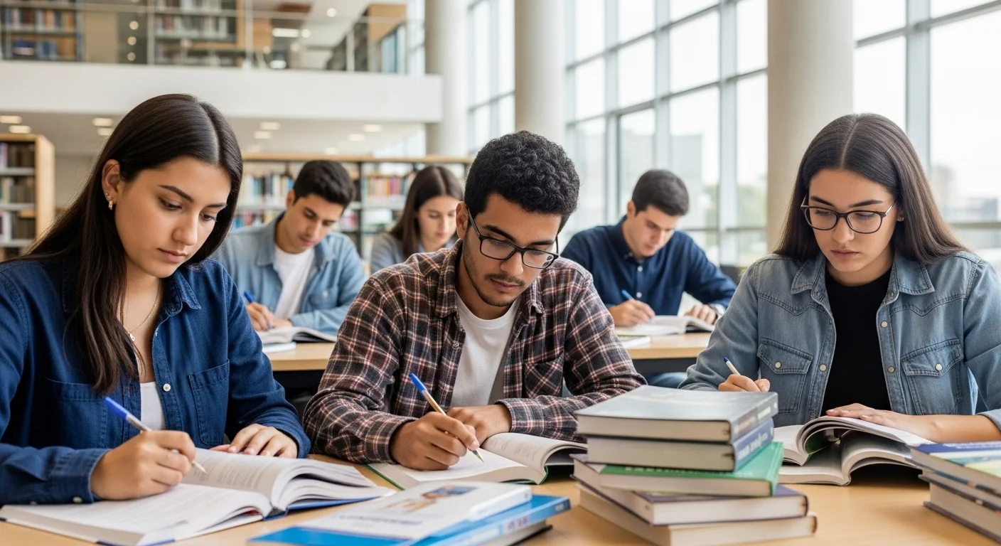 Imagen que muestra estudiantes preparándose para el examen CENEVAL con semblante de concentración, reflejando el reto que este representa.