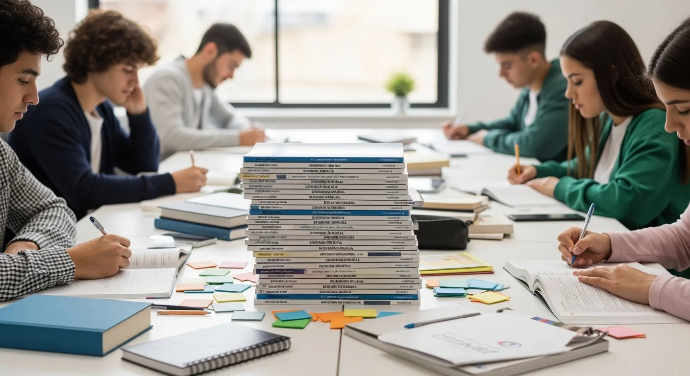 Pila de guías resueltas y materiales de estudio para el CENEVAL, simbolizando la preparación necesaria para superar un examen difícil.