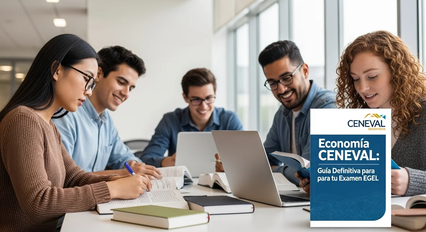 Estudiantes preparándose con libros y computadoras para el examen CENEVAL de Economia.