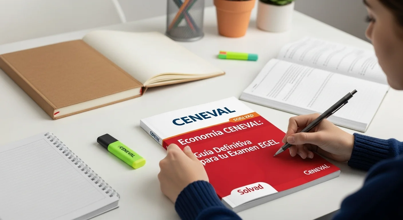 Materiales de estudio, incluyendo una guia ceneval economia resuelta, sobre un escritorio.
