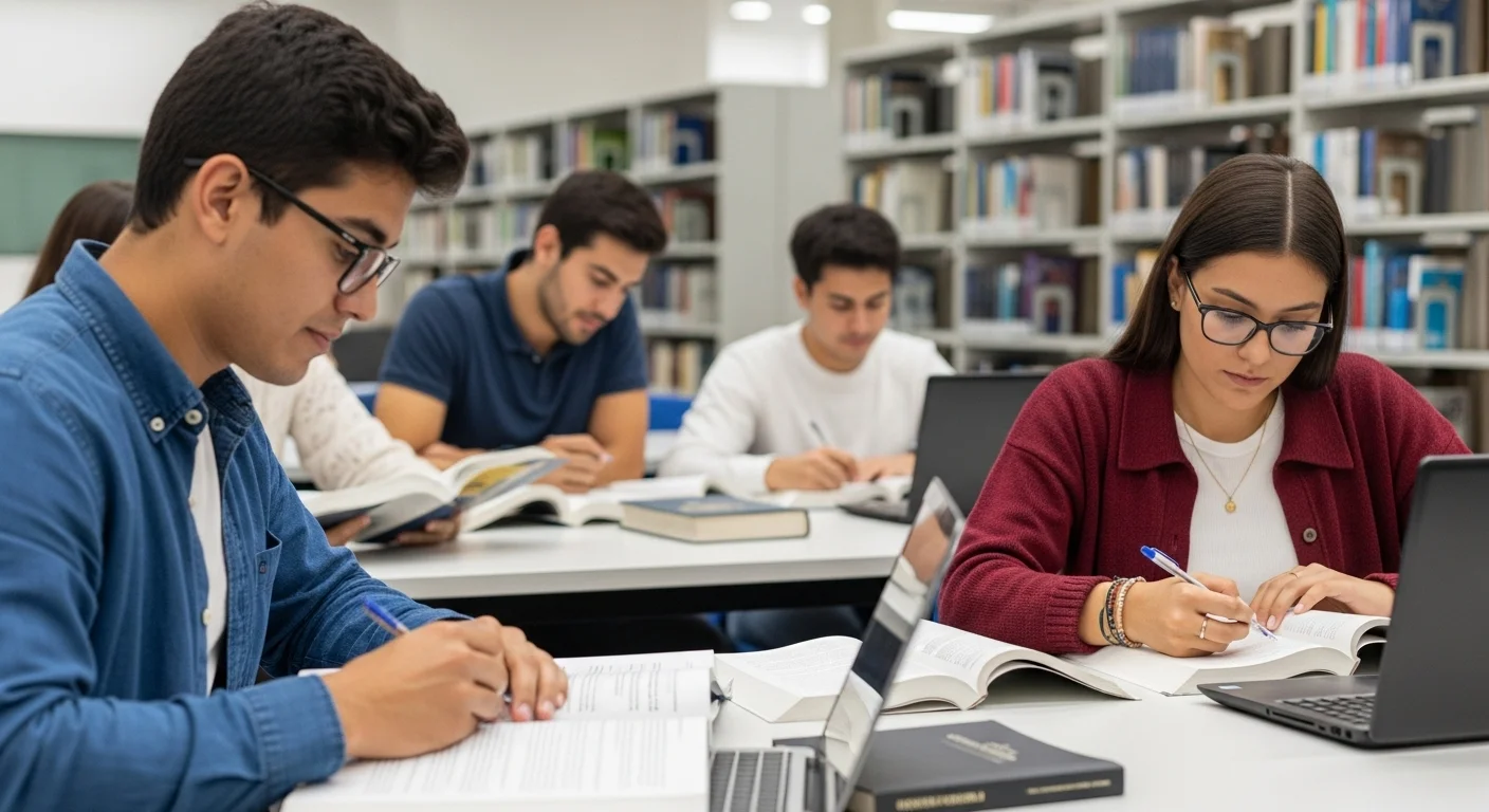 Imagen que muestra estudiantes preparándose para el examen CENEVAL de Egel Derecho 2024 Plus