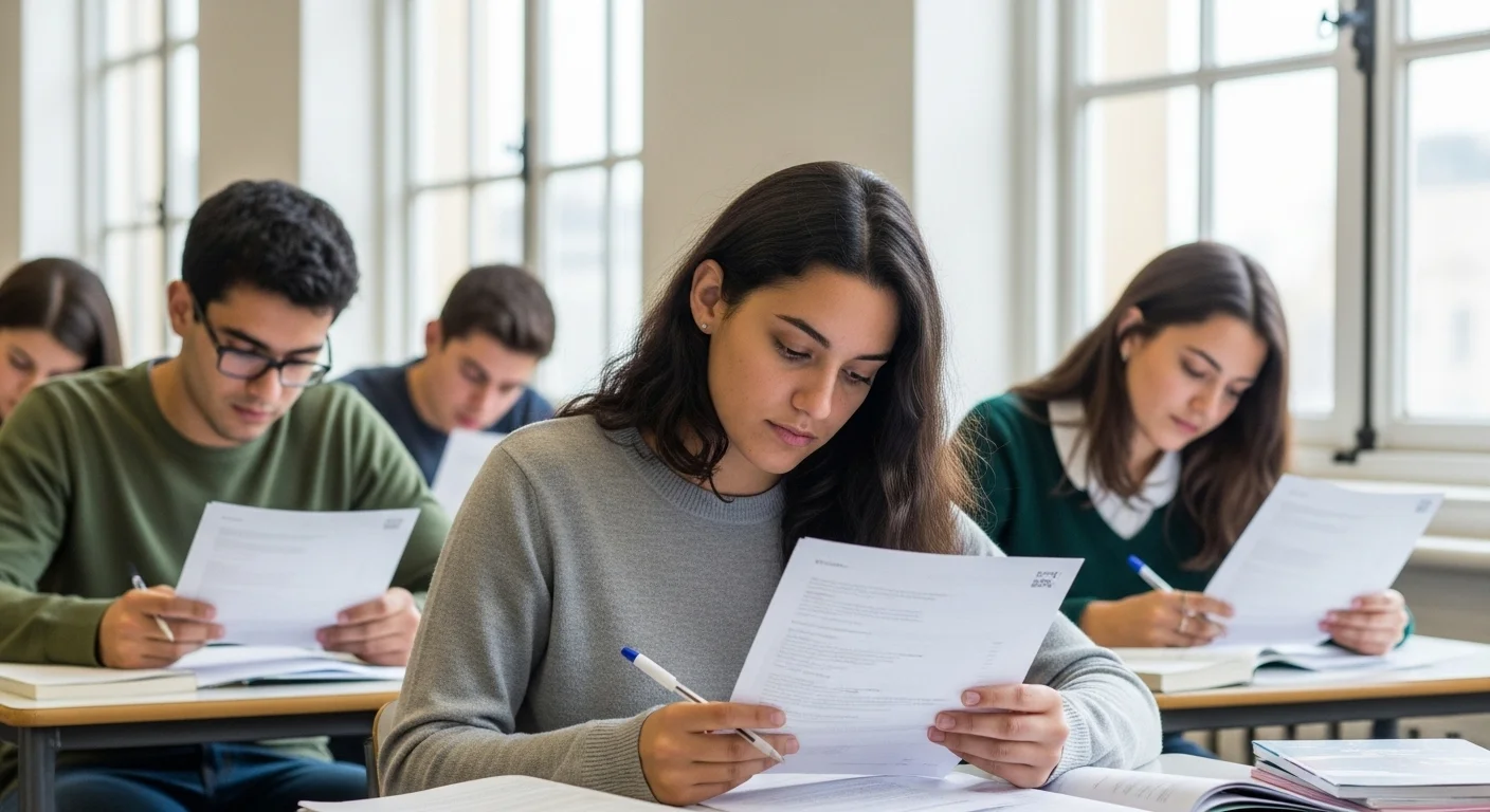 Estudiantes concentrados presentando el examen CENEVAL de Egel Psicologia en un aula universitaria.
