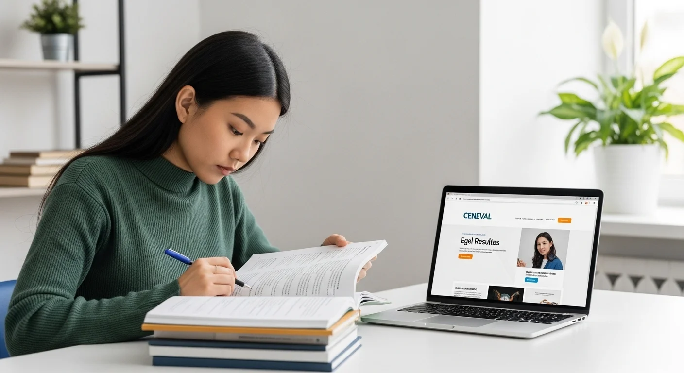 Una persona estudiando con guías resueltas y una laptop mostrando la página de CENEVAL para Egel Resultados.