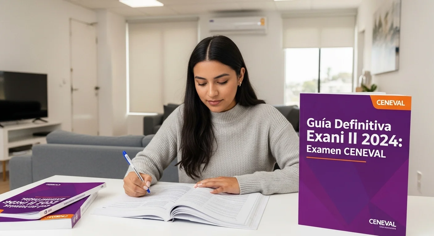 Guías resueltas y materiales de estudio abiertos sobre un escritorio para la preparación del Exani Ii 2024 CENEVAL.