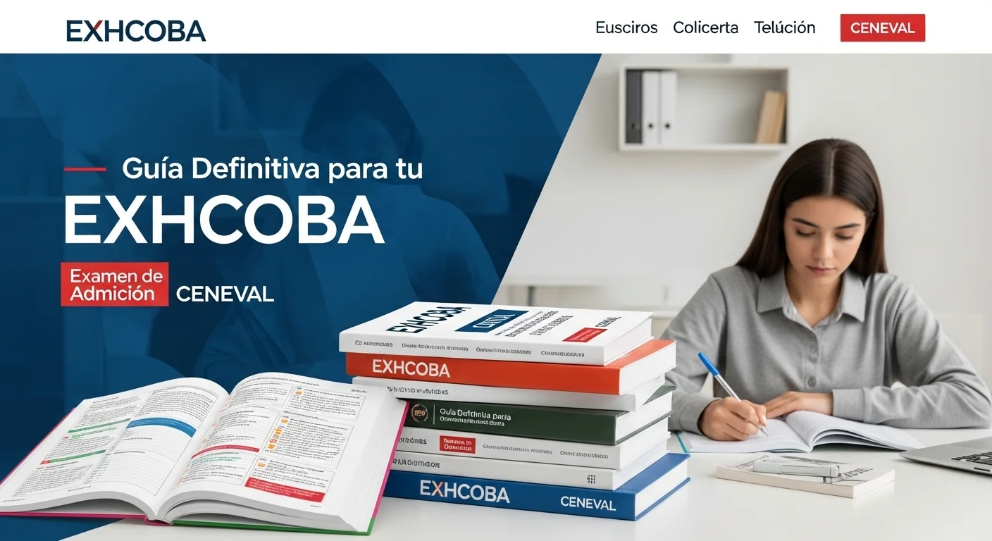 Pila de libros y guías de estudio sobre un escritorio con el logo de EXHCOBA y CENEVAL visibles.