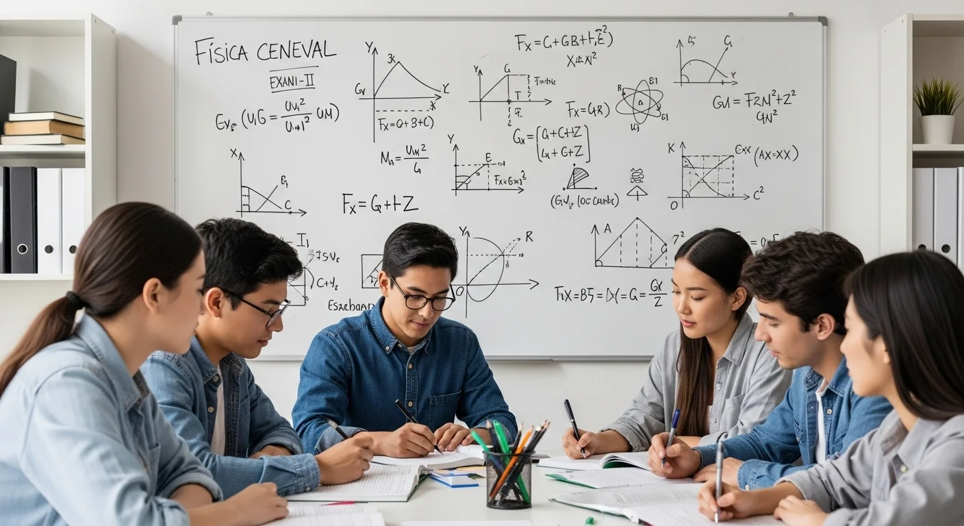 Imagen que muestra estudiantes preparándose para el examen CENEVAL de Fisica, con fórmulas y diagramas en una pizarra.