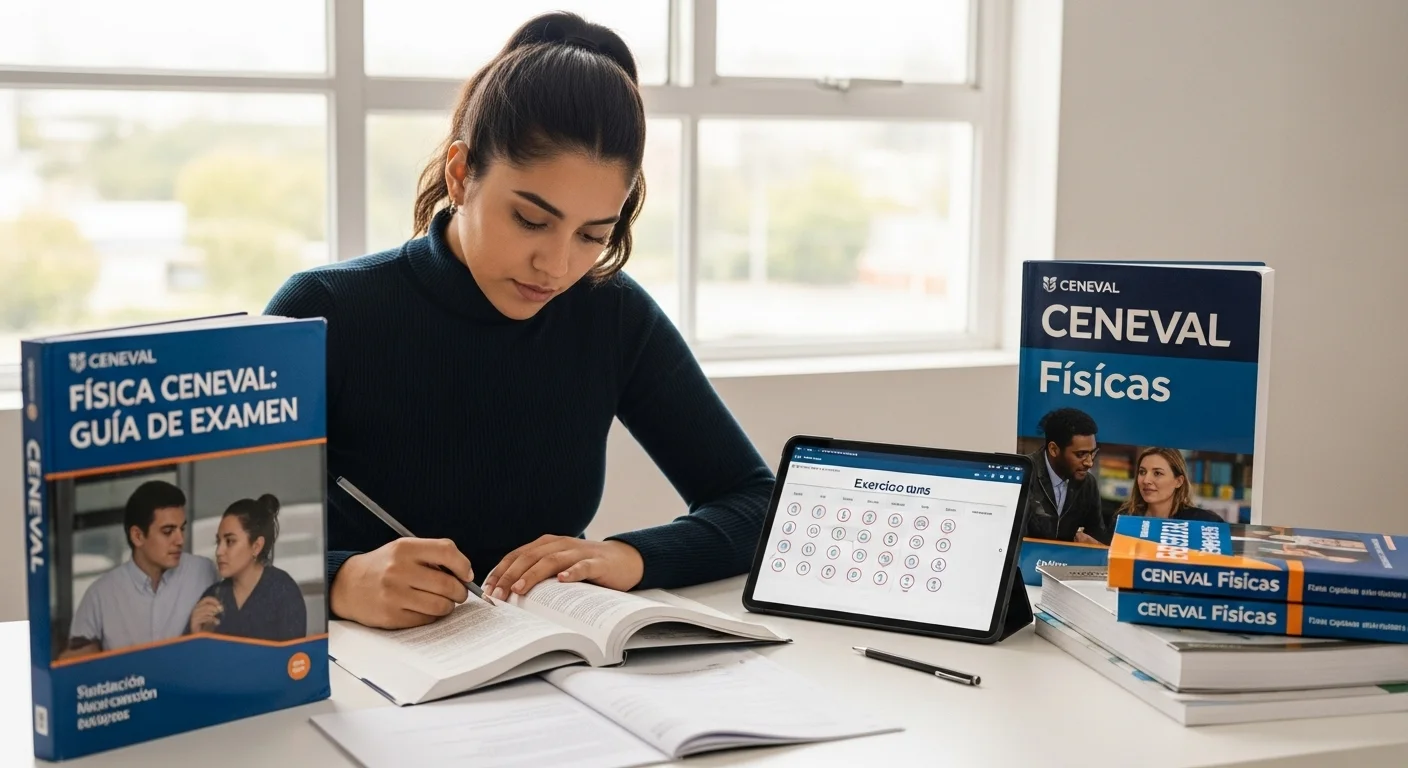 Guías resueltas y materiales de estudio para Fisica CENEVAL, mostrando libros y una tableta con ejercicios.