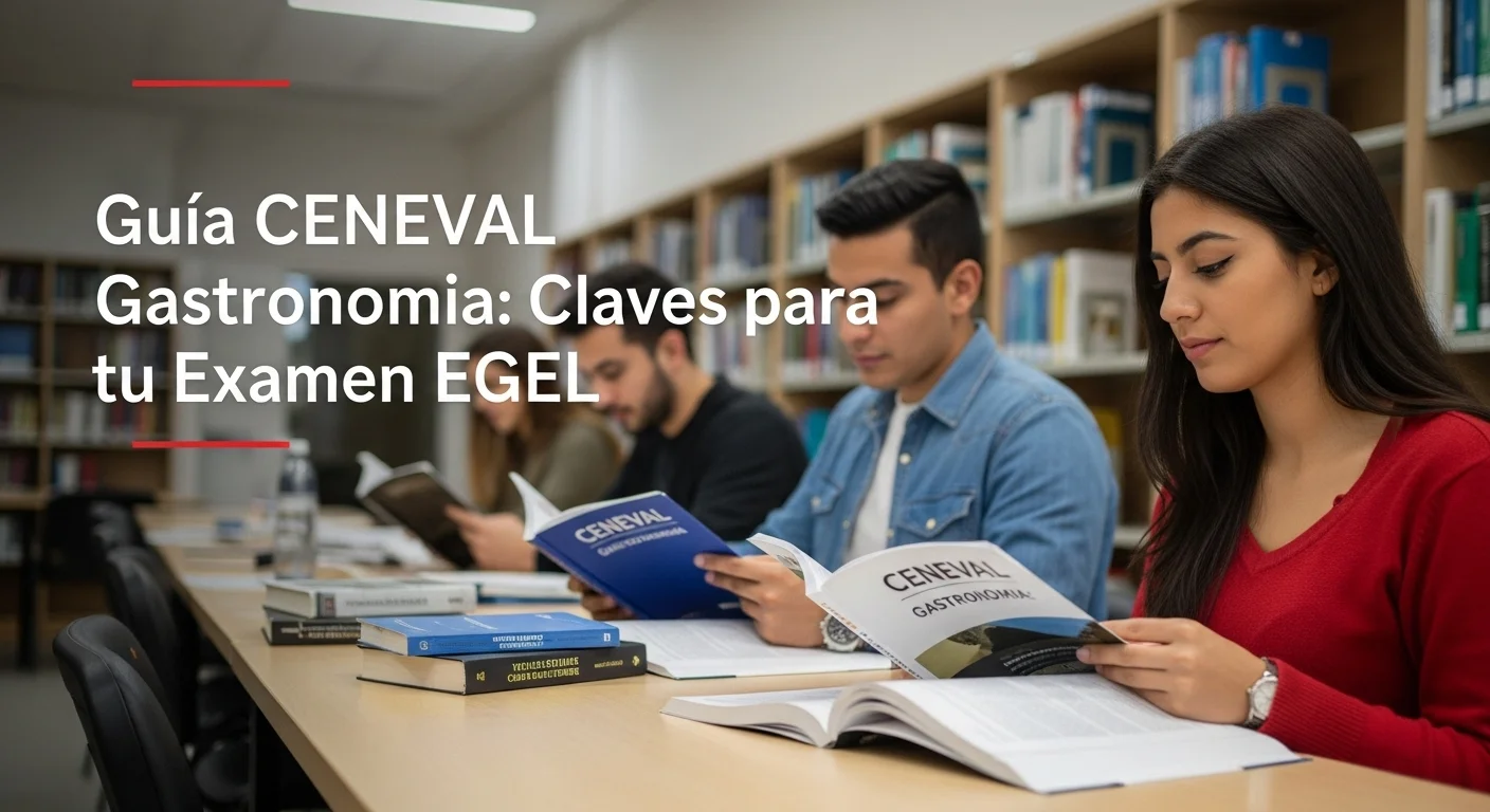 Estudiantes de Gastronomia consultando guías de estudio para el examen CENEVAL en una biblioteca.