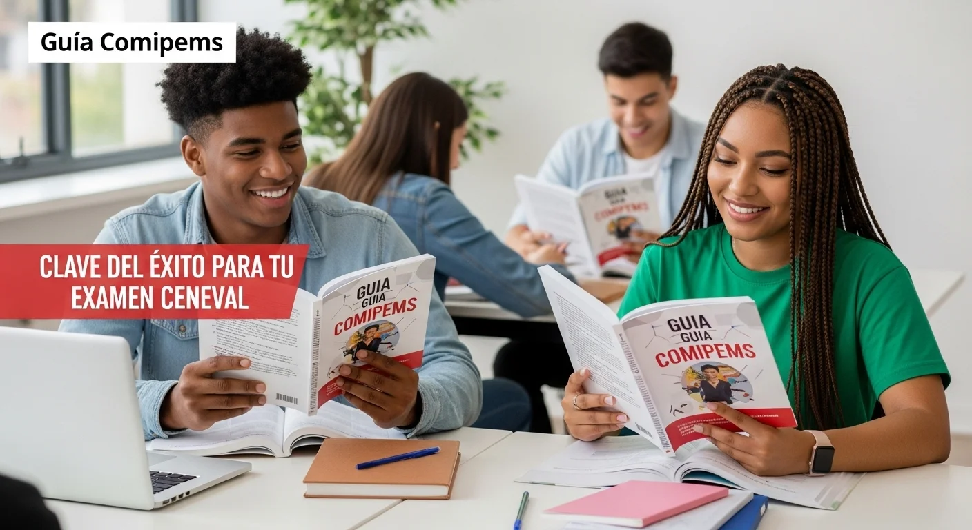 Estudiantes utilizando la Guia Comipems para prepararse para su examen de ingreso CENEVAL.