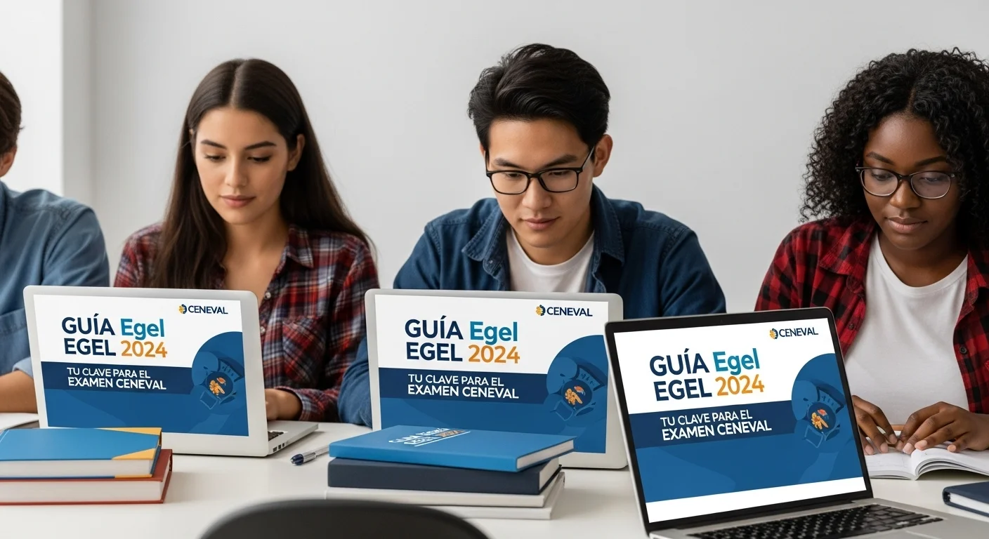 Estudiantes consultando la Guia Egel 2024 en sus laptops para prepararse para el examen CENEVAL