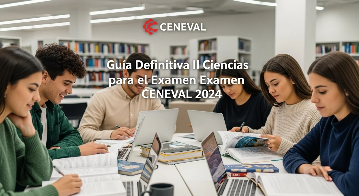 Estudiantes se preparan con entusiasmo para su examen CENEVAL de Ii Ciencias, consultando guías y laptops.
