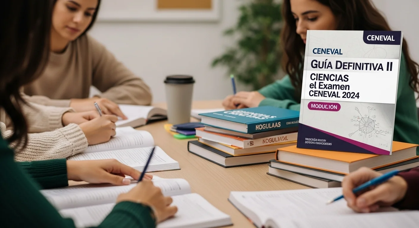 Una colección de guías resueltas, libros y materiales de estudio apilados, listos para preparar el módulo Ii Ciencias del CENEVAL.