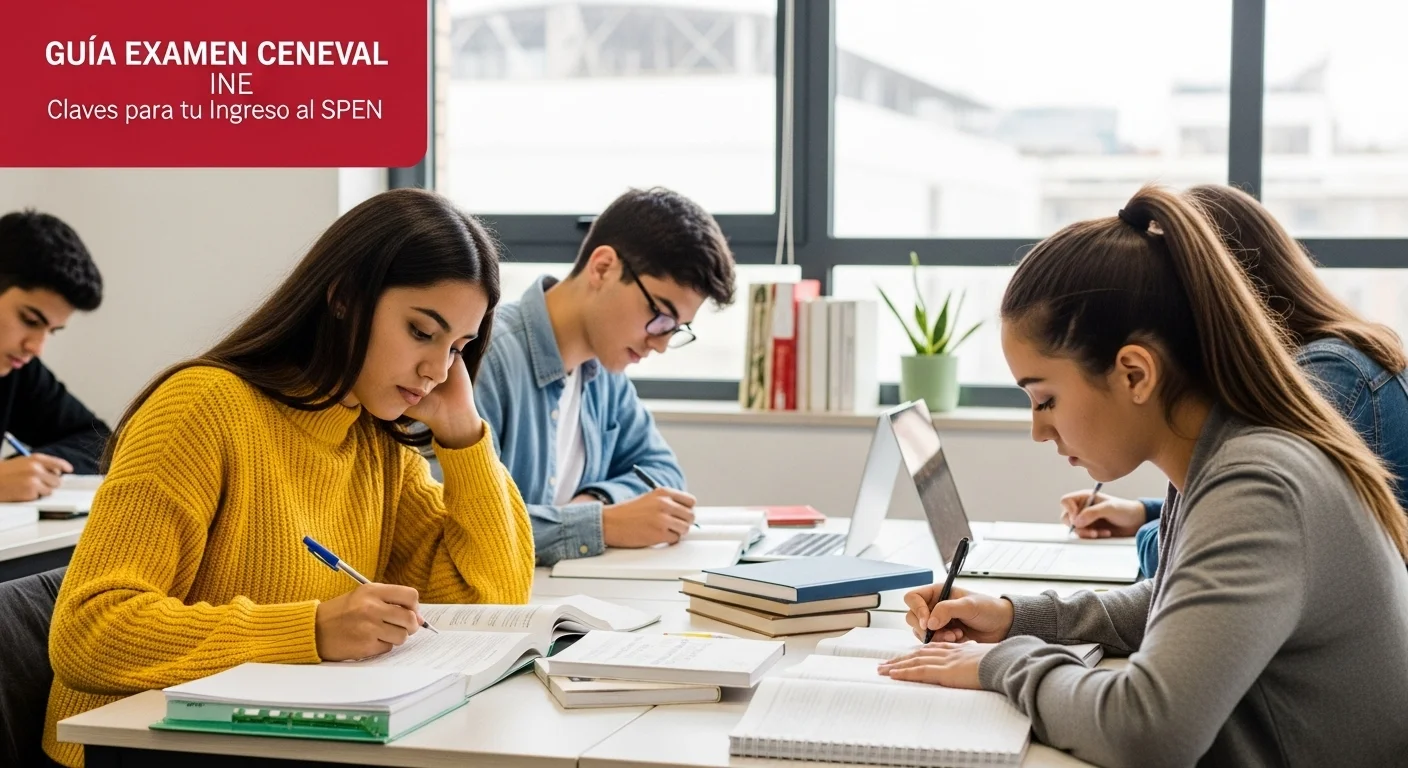 Imagen que muestra estudiantes preparándose para el examen CENEVAL de Ine