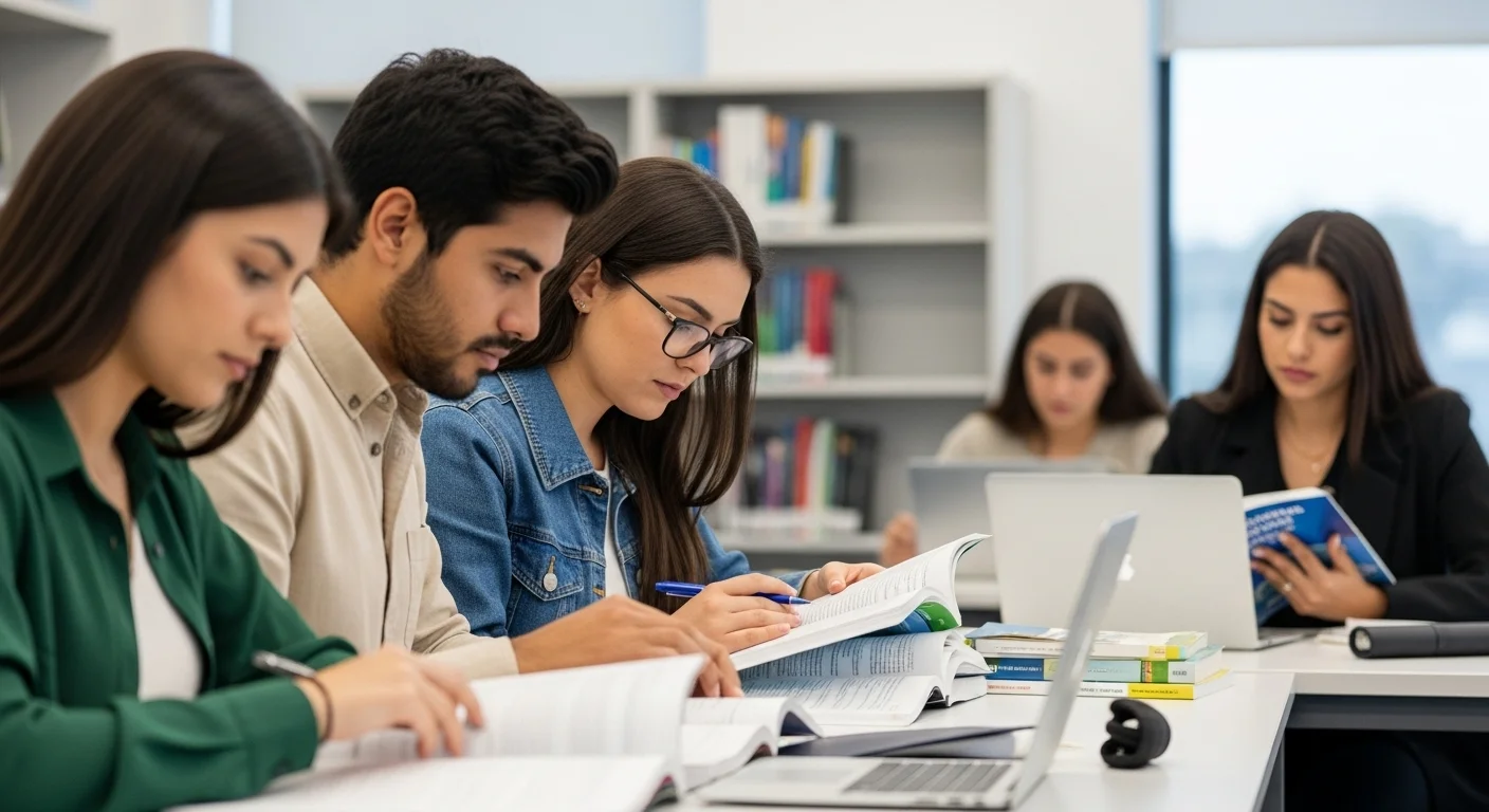Estudiantes de ingeniería de software preparándose para el examen CENEVAL de Isoft, consultando guías y notebooks.