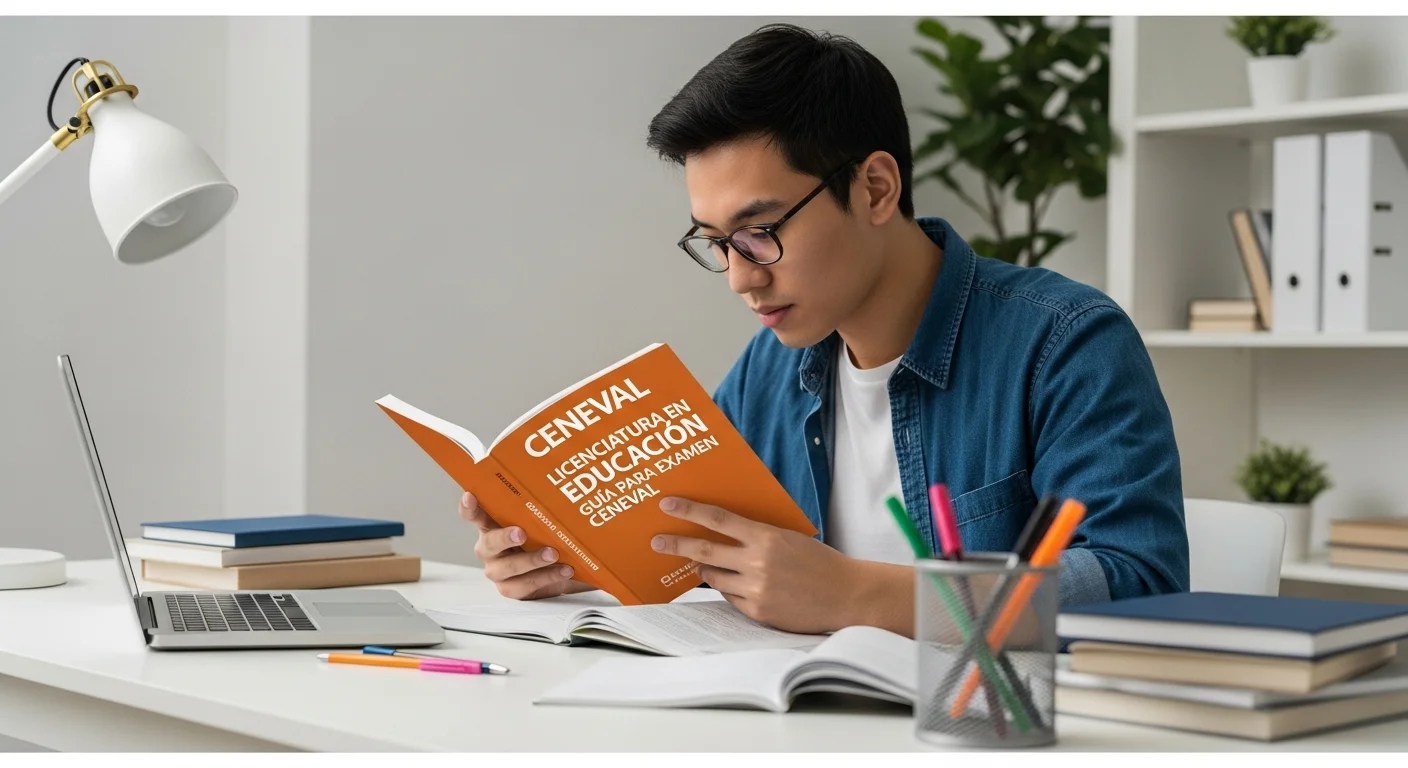 Una persona estudiando con una guía resuelta para el examen CENEVAL de Licenciatura en Educación Primaria.