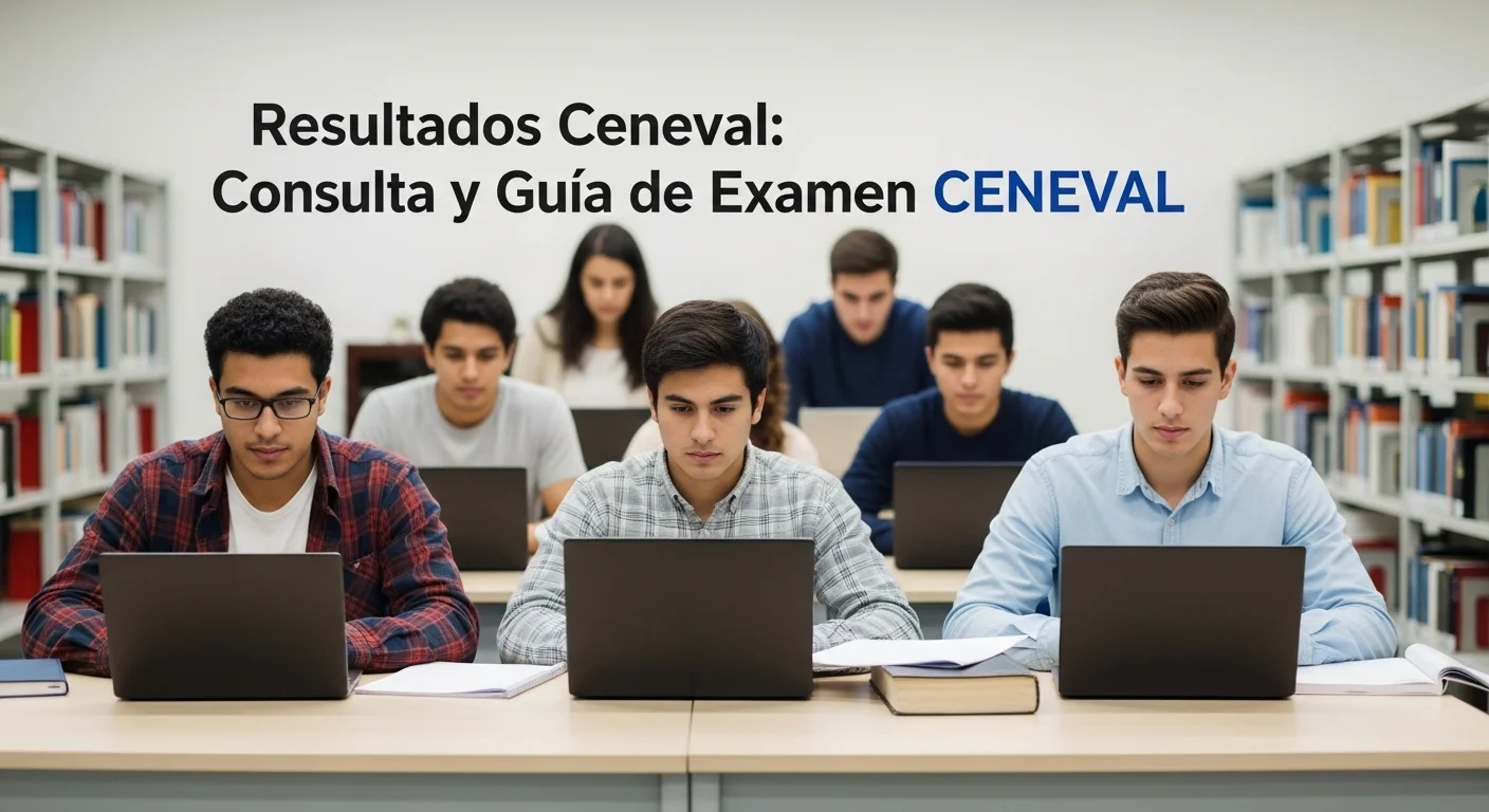 Estudiantes consultando en línea los Resultados Ceneval en sus computadoras portátiles.