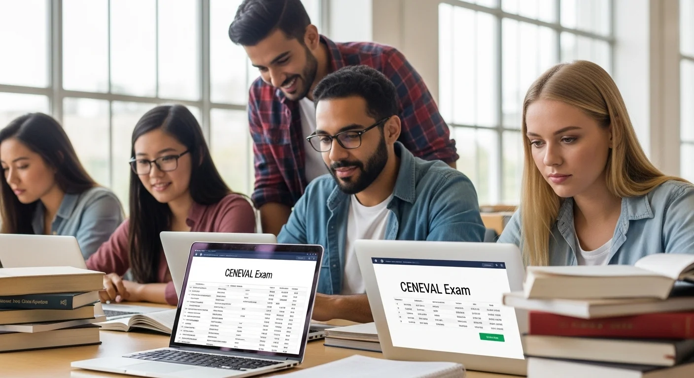 Estudiantes consultando en línea sus Resultados Ceneval Exam en una computadora portátil