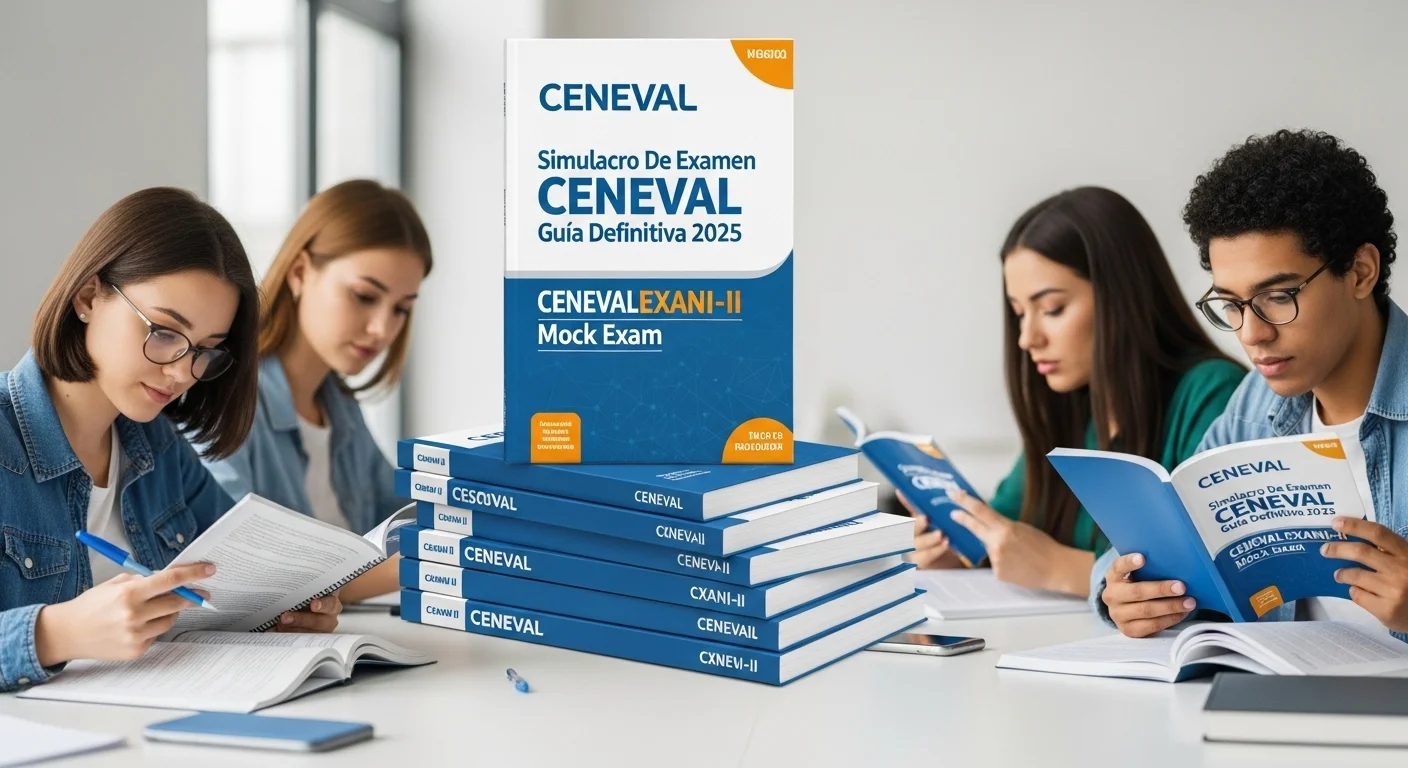 Una pila de guías resueltas y materiales de estudio para el Simulacro De Examen CENEVAL EXANI-II.